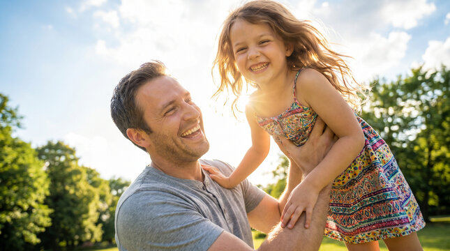 Joyful fathers embrace their daughters outdoors, with a smiling man lifting his happy child in a sunlit park, surrounded by lush green trees and a clear blue sky