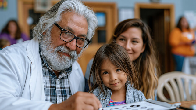 Free vision screening event in church fellowship hall, retired optometrist volunteer testing visual acuity of elementary-age child using portable chart, parent watching attentively from plastic chai