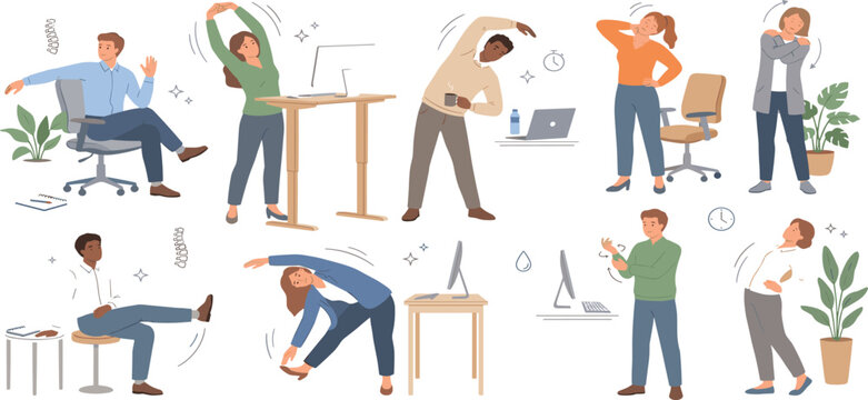 Office ergonomics vector collection with employees doing healthy desk stretching exercises for wellness