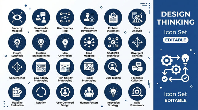 Design thinking icon set for creative problem solving and innovation strategies