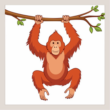 Cartoon Orangutan Hanging from Tree Branch