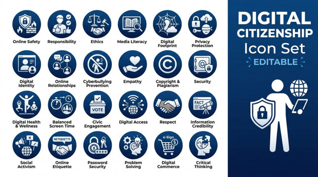 Digital citizenship icon set for online safety and responsibility