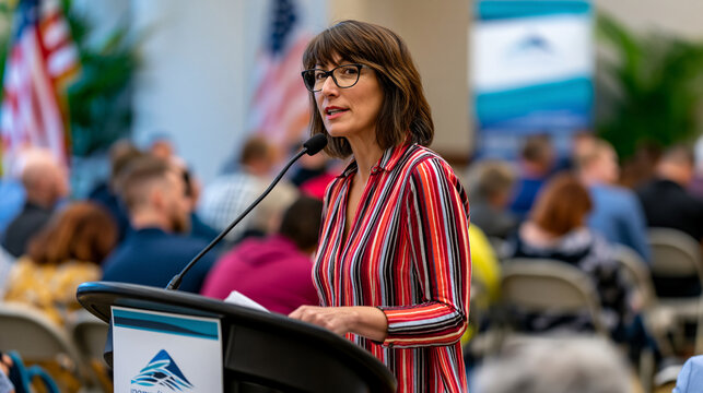 Reintegration program director delivering keynote at veterans employment summit inside hotel ballroom, podium with nonprofit logo banner, audience of hiring managers and transitioning service member