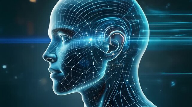 Conceptual illustration of artificial intelligence a luminous wireframe human head displaying neural pathways and data flow in a futuristic digital landscape