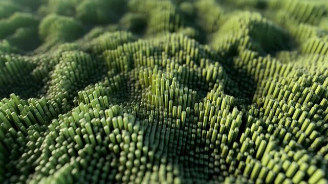 Abstract 3D render of a green textured landscape composed of countless small, densely packed vertical cylinders, suggesting a micro-world or an alien terrain