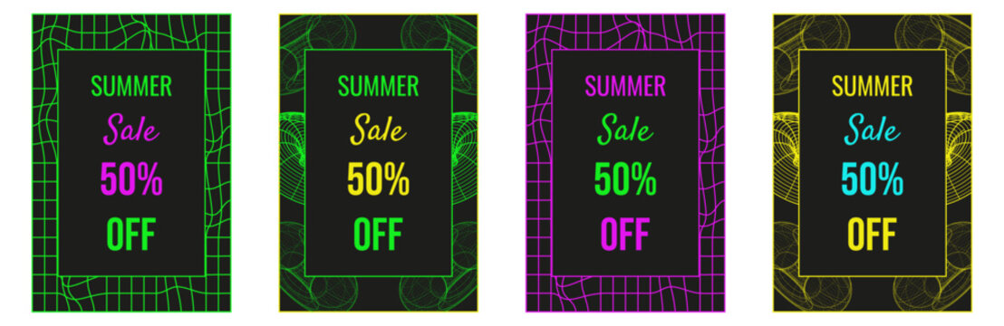 Wireframe Sale Poster set with Grid Wireframe Shpaes and Sale message. Trendy Wireframe Sale promo Poster collection. EPS 10