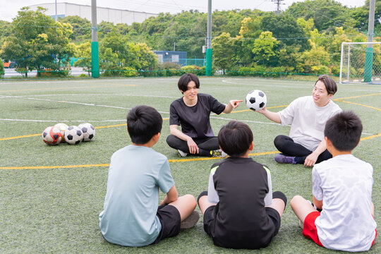 サッカーテクニックを説明する男性コーチと少年たち