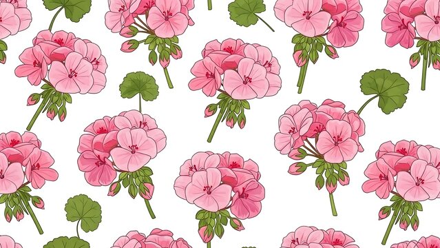 Seamless pattern of blooming pink geranium flowers on white background