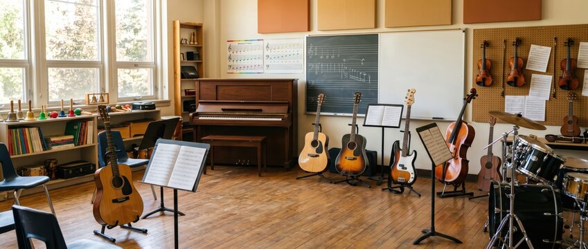 Music classroom with acoustic guitars and piano arranged around music stands on hardwood floor under large windows