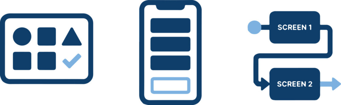 Mobile app design elements, wireframe icons, user interface symbols, navigation flow