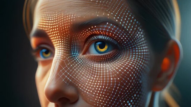 Close-up of a woman's face with digital patterns overlaid, suggesting artificial intelligence and futuristic technology