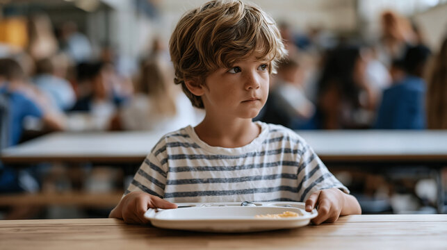 Child perspective of a school cafeteria on the first day back, a small second-grader looking up at a loud crowded lunchroom full of older kids, tray balanced carefully, authentic back-to-school sens