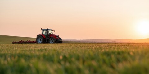 Fototapeta premium The Tractor in a Golden Sunset Over Quiet Farmland Landscape