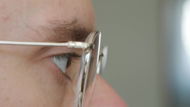 student in glasses, attending online class, focused programmer with glasses, working, Concept coding and software development, remote learning and e-education