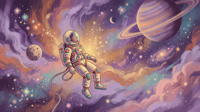 Astronaut floating in colorful space with planets, retro-futuristic