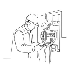 Fototapeta premium Electrician Repairing Electrical Panel Line Art Illustration