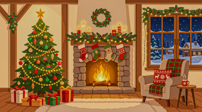 Cozy Christmas living room with fireplace and tree, flat vector