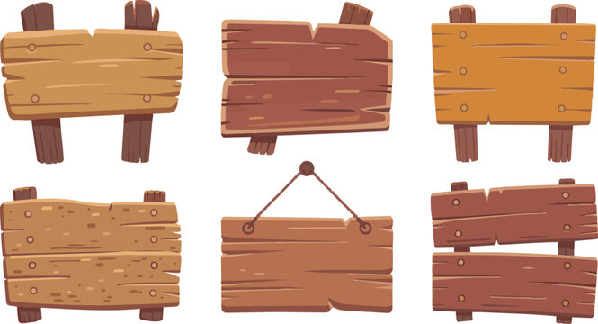 Wooden signboard vector collection isolated on white background. Rustic wood planks with natural texture, carved edges, cracked boards, and vintage timber banners in cartoon style. Decorative wooden l