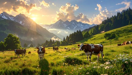 Fototapeta premium A sun-drenched meadow scene with cows grazing. Mountains rise in the background beneath a colorful sky