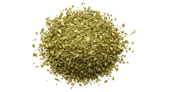 A circular pile of dried green oregano leaves and herbs isolated on a solid black background, top-down view of culinary seasoning