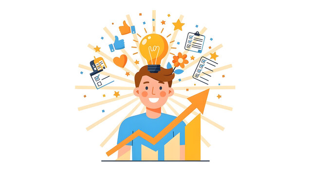 Smiling young man with idea bulb, success chart, checklist, and positive business growth in flat design.
