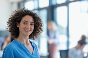 Fototapeta premium The Woman in Blue Shirt Smiling in Bright Modern Office