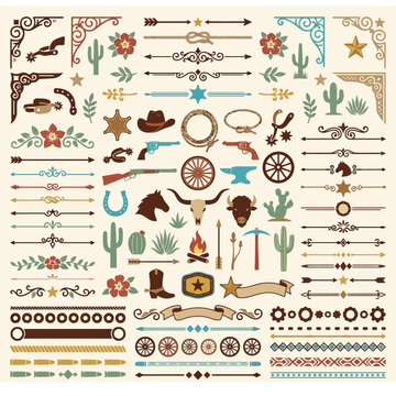 A collection of vintage western themed design elements and icons