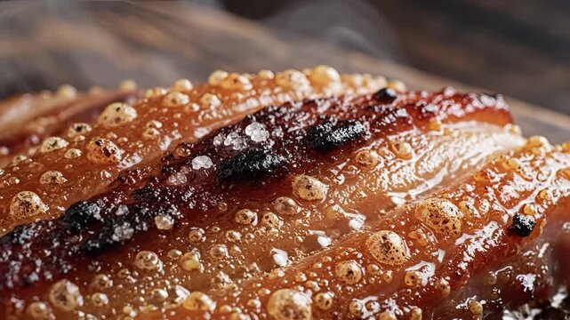 Closeup of a goldenbrown crusty bread with visible air bubbles and salt crystals.