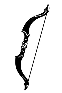 Celtic style longbow illustration with intricate knotwork detail knotwork medieval illustration monochrome blackandwhite traditional historic weaponry
