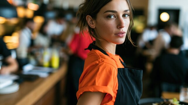 Jeune femme en tablier noir et t-shirt orange dans un caf&eacute; moderne