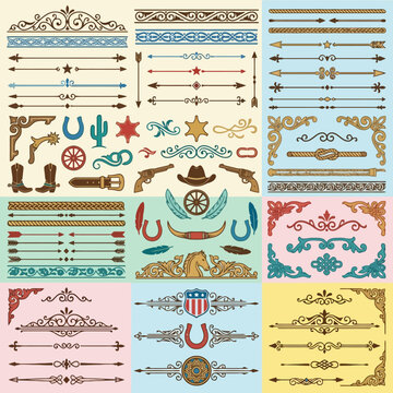 A collection of vintage western themed decorative graphic design elements