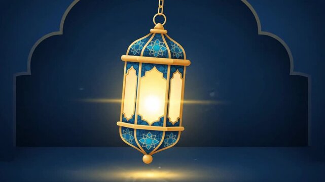 Elegant Islamic lantern animation featuring a glowing decorative Ramadan lamp suspended against a dark blue arch background with warm spiritual lighting and modern festive design.