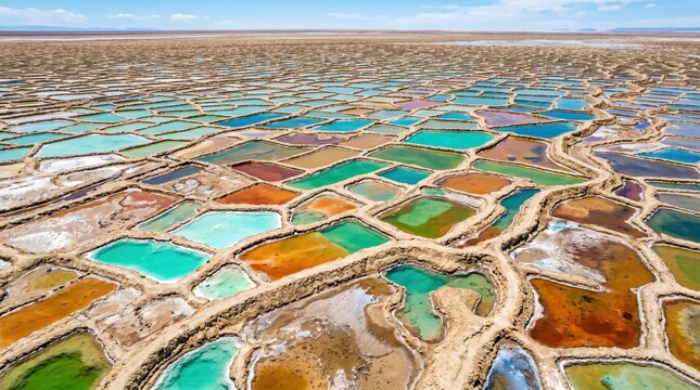 Colorful evaporative salt ponds forming geometric mosaic of polygonal pools across arid salt flats seen from aerial perspective