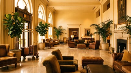 Naklejka premium Hotel lobby seating area arranged with armchairs sofas and potted plants in spacious high ceiling reception room with arched windows