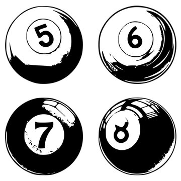 Set of four billiard balls numbered five six seven and eight in black and white with billiards billiard isolated eightball numbering recreation competition