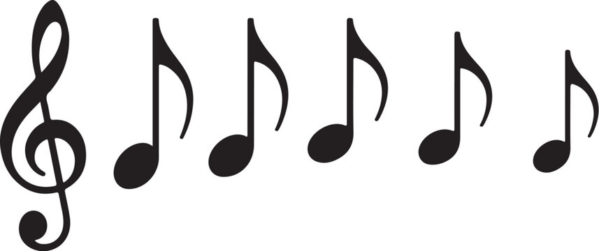 Black musical notes on white background, including symbols for treble clef, quarter notes, and eighth notes. No people.