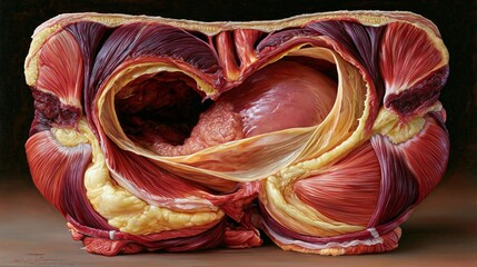 Obraz premium Stunning scientific oil painting illustration of a full abdominal wall cross-section revealing hiatal hernia, painted in the style of hyperrealist scientific art