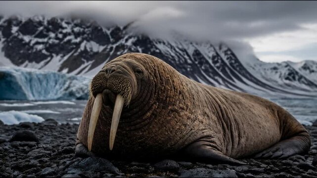 A massive walrus rests on a dark pebbled beach with its long tusks and twitching whiskers, showcasing the serene wilderness of the arctic coast against a backdrop of snowy mountains.