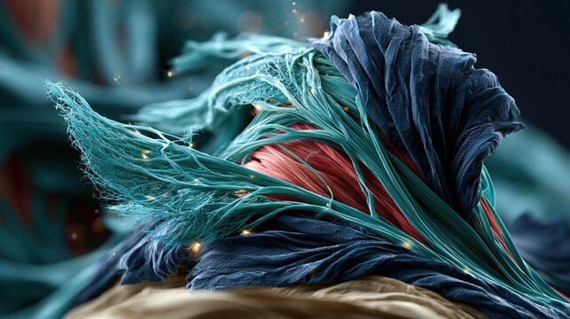 Scientific visualization of abdominal wall connective tissue and fascia layers in scanning electron microscopy style, false-color SEM rendering showing collagen fiber mesh structure and muscle tissue 