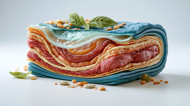 3D cutaway medical illustration of the abdominal wall layers showing umbilical hernia formation, subsurface scattering on muscle and fat tissue, translucent peritoneum membrane layer