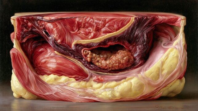 Stunning scientific oil painting illustration of a full abdominal wall cross-section revealing hiatal hernia, painted in the style of hyperrealist scientific art