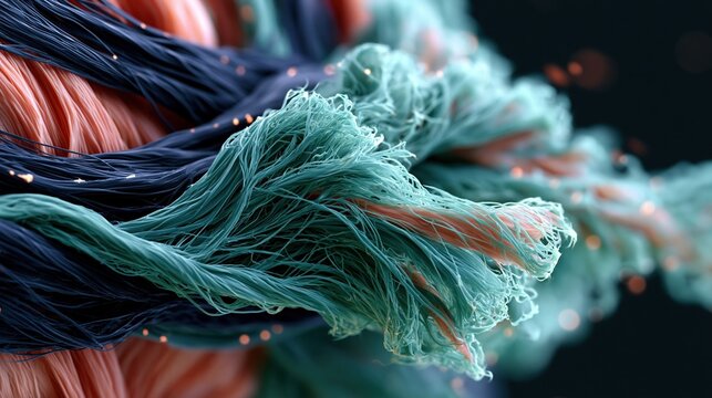 Scientific visualization of abdominal wall connective tissue and fascia layers in scanning electron microscopy style, false-color SEM rendering showing collagen fiber mesh structure and muscle tissue 