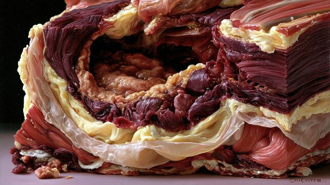 Stunning scientific oil painting illustration of a full abdominal wall cross-section revealing hiatal hernia, painted in the style of hyperrealist scientific art