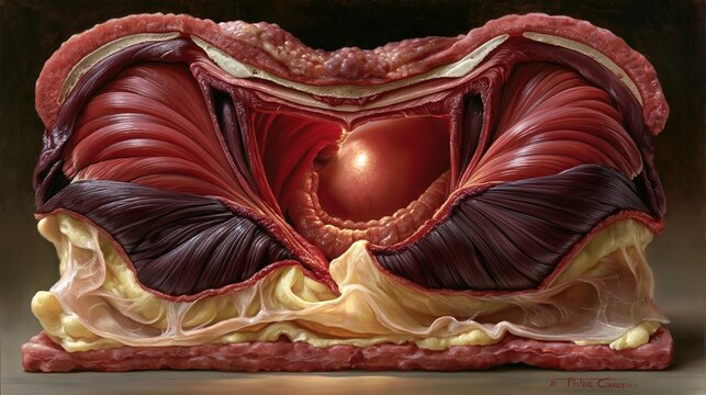 Stunning scientific oil painting illustration of a full abdominal wall cross-section revealing hiatal hernia, painted in the style of hyperrealist scientific art