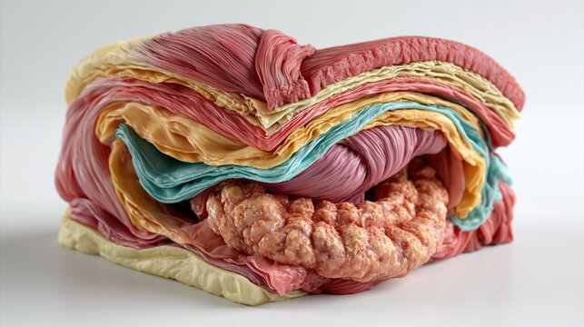 3D medical visualization of inguinal hernia cross-section anatomy, showing muscle layers, peritoneum and protruding intestinal tissue, clinical blue teal color palette