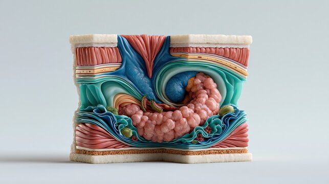 3D medical visualization of inguinal hernia cross-section anatomy, showing muscle layers, peritoneum and protruding intestinal tissue, clinical blue teal color palette