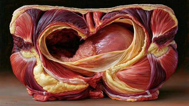 Stunning scientific oil painting illustration of a full abdominal wall cross-section revealing hiatal hernia, painted in the style of hyperrealist scientific art
