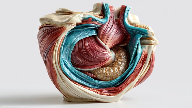 3D medical visualization of inguinal hernia cross-section anatomy, showing muscle layers, peritoneum and protruding intestinal tissue, clinical blue teal color palette
