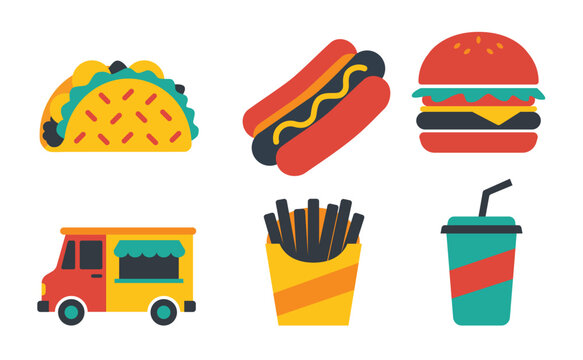 Fast Food Icon Set with Taco, Hot Dog, Burger, Fries, Food Truck and Soda Drink Vector Collection