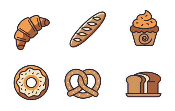 Bakery Icon Set with Croissant, Baguette, Cupcake, Donut, Pretzel and Bread Vector Collection